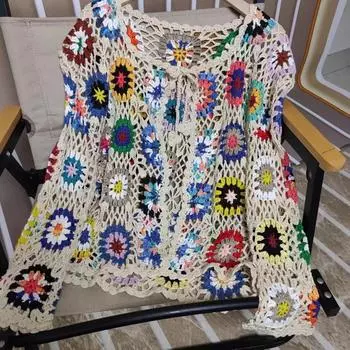 Свитер с крючками, вязаный кардиган, женский полый свободный топ с крючками, пальто в этническом стиле, ретро, V-образный вырез, кардиган с длинными рукавами, женский свитер