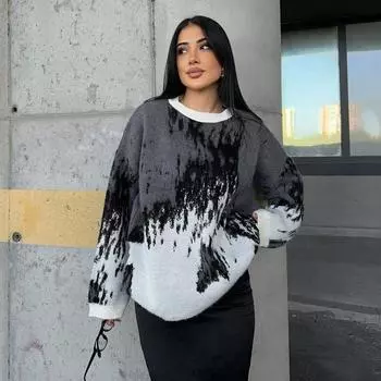 Свитер с круглым вырезом, чернильный, темпераментный, свободного кроя, вязаный свитер, женская одежда S серый