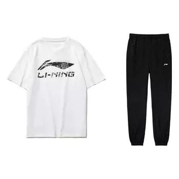 Свитер с круглым вырезом и принтом букв Li Ning, коротким рукавом, карманом на молнии, эластичным поясом и манжетами, длинные трикотажные повседневные спортивные брюки AYKSC71-1+AHST471-1 L