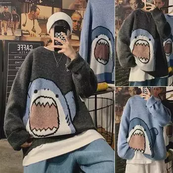 Свитер с круглым вырезом и рисунком акулы — мужской свободный крой, гонконгский стиль, плотная корейская версия M чёрный