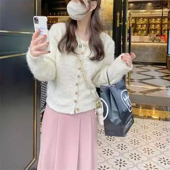 Свитер с круглым вырезом, кардиган, женская осенне-зимняя новая пряжа с петлями, однотонный корейский нежный мягкий вощеный вязаный свитер, женское пальто One size серый