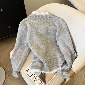 Свитер с кружевным сращиванием, вязаный свитер, топ, весна, осень и зима 2024, новая база с женской одеждой, милое маленькое пальто one size fits all серый