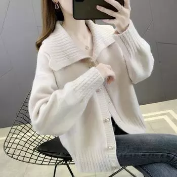 Свитер с кукольным воротником, пальто, женский кардиган, весна и осень 2022, корейский однотонный свободный вязаный кардиган с длинными рукавами, женские топы One Size чёрный