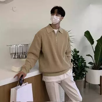 Свитер с лацканами, мужской теплый модный повседневный вязаный пуловер, мужской корейский свободный свитер на молнии с длинными рукавами, мужской джемпер, одежда M чёрный