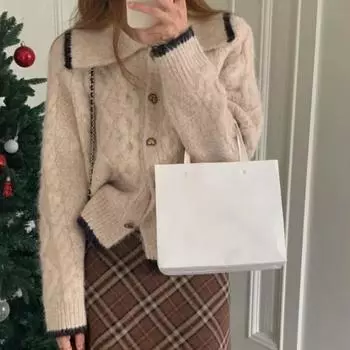 Свитер с лацканами жаккардового вязания кардиган Lingge жареное тесто твист чай с молоком свитер куртка-поло топ 2023 повседневный кардиган