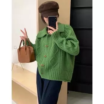 Свитер с ленивыми лацканами и пряжкой из бычьего рога, женский свободный осенне-зимний утолщенный вязаный кардиган, внешний вид, удобная и универсальная одежда One Size серый