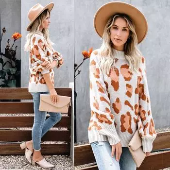 Свитер с леопардовым принтом, пуловер, вязаный свитер для женщин, зимний принт, удобная женская одежда S хаки
