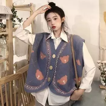 Свитер с маленьким медвежонком, жилет, пальто, осенне-зимний вариант, однобортная вязаная рубашка с небольшим количеством, кардиган, жилет, женский One Size синий