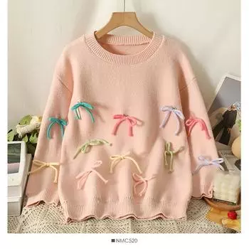 Свитер с милым бантом, женский, однотонный, с круглым вырезом, с длинными рукавами, трикотажное пальто, женский, осенний, повседневный, универсальный топ One Size