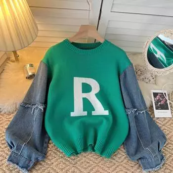 Свитер с надписью «Denim Splicing Letter» для женщин, с длинными рукавами, осенний, универсальный, свободный, вязаный свитер S чёрный