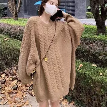 Свитер с напуском, женский пуловер на осень и зиму с круглым вырезом, повседневный однотонный свитер с длинными рукавами, новый женский вязаный пуловер, длинный свитер One Size чёрный