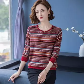 Свитер с низом рубашки Женская весенняя одежда с полосатым верхом, трикотаж с низким круглым вырезом Женская одежда XXXL чёрный