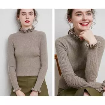 Свитер с оборками и высоким воротом, вязаный пуловер, женская длинная кружевная рубашка с длинными рукавами, простая повседневная трикотажная одежда для поездок на работу и обратно, осень S белый