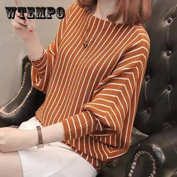 Свитер с одним вырезом и рукавом «летучая мышь», женский нижний свитер, новый дикий свитер в вертикальную полоску, свободный топ XXXL
