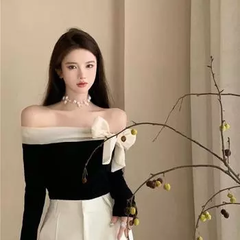 Свитер с открытыми плечами, женская одежда Y2k, женские элегантные сексуальные тонкие эластичные пуловеры во французском стиле, весенне-осенние топы с бантом и вырезом на шее M кофейный