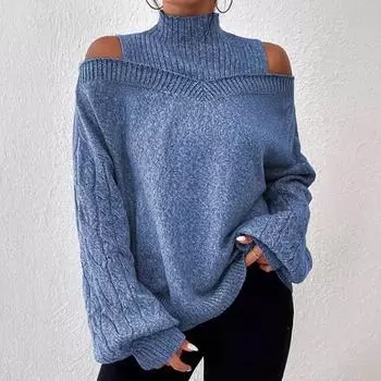 Свитер с открытыми плечами женский пуловер осень и зима новый свободный полувысокий воротник с рукавами-фонариками женский свитер One size