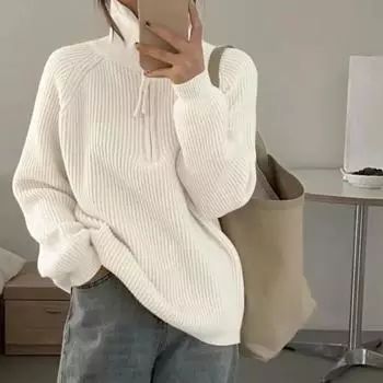 Свитер с половинной молнией в полоску, женский, воротник-стойка, свободная верхняя одежда, вязаный пуловер, женский однотонный свитер M фиолетовый