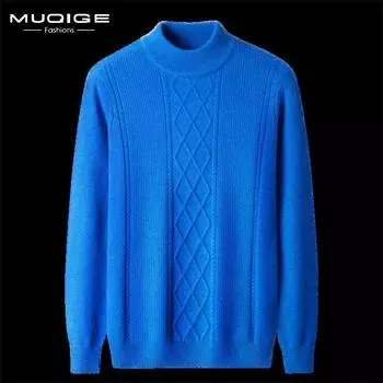 Свитер с половиной выреза, мужской осенне-зимний вязаный свитер с длинными рукавами, теплый однотонный мужской новый повседневный пиджак, нижняя рубашка 105 синий