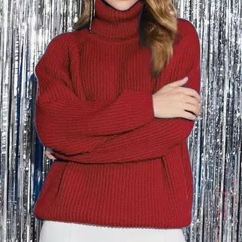 Свитер с половиной высокого выреза и длинными рукавами для женщин, пуловер, свободная вязаная рубашка в клетку с модным внутренним слоем внизу L красный