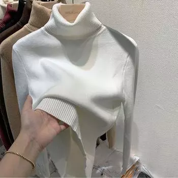 Свитер с половиной высокого выреза и длинными рукавами для женщин, пуловер, свободная вязаная рубашка в клетку с модным внутренним слоем внизу L белый