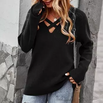 Свитер с половиной высокого выреза и длинными рукавами для женщин, пуловер, свободная вязаная рубашка в клетку с модным внутренним слоем внизу L чёрный