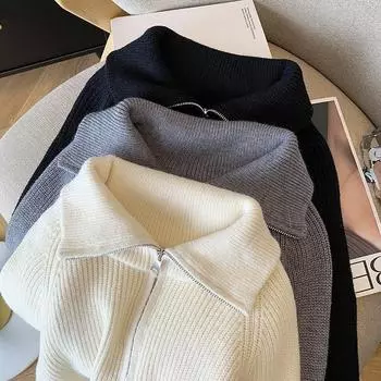 Свитер с полумолнией для женщин на осень и зиму, свободный свитер с ленивыми лацканами, новый короткий топ в корейском стиле one size fits all