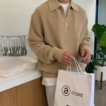 Свитер с полумолнией мужской осенне-зимний новый свитер с лацканами свободный винтажный повседневный топ M