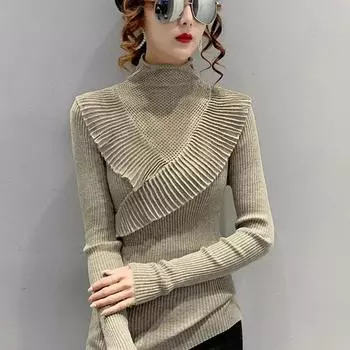 Свитер с полуводолазкой с рюшами, женская осенне-зимняя одежда, кружевной стиль, полая вязаная нижняя рубашка для самостоятельного выращивания, топ L