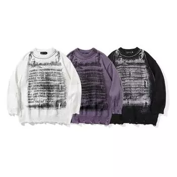 Свитер с принтом букв Diablo Rip для мужчин Ins High Street Trendy Brand Loose Crewneck Pullover M белый