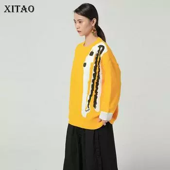 Свитер с принтом XITAO, новый модный женский пуловер с веером богини, лоскутный осенний свободный свитер хитового цвета GWJ0655 One Size белый