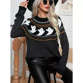 Свитер с рисунком призрака на Хэллоуин для женщин, винтажный свитер с круглым вырезом и длинными рукавами S зелёный