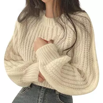 Свитер с рукавами-фонариками, женский зимний модный свободный пуловер, вязаный топ One Size бежевый