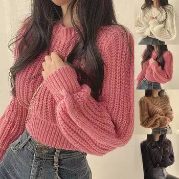 Свитер с рукавами-фонариками, женский зимний модный свободный пуловер, вязаный топ One Size бежевый