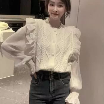 Свитер с рюшами и вставками с пузырьковыми рукавами, темпераментный вязаный кардиган, женский весенний новый корейский милый однотонный кардиган, топ для женщин