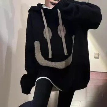 Свитер с шапкой вязаный свитер с капюшоном больших размеров женская одежда для полных свободный утягивающий и ленивый улыбающееся лицо вязаный свитер топ One Size чёрный