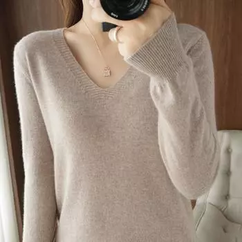Свитер с V-образным вырезом для женщин, однотонный, с длинным рукавом, трикотажные свитера, облегающий топ-пуловер M белый