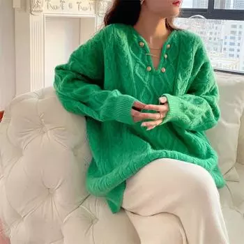 Свитер с V-образным вырезом для женщин, длинная модель на осень и зиму, свободный ленивый ветер, нежный пуловер, вязаные топы One size оранжевый