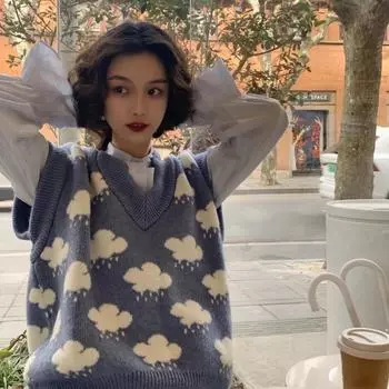 Свитер с v-образным вырезом и принтом «Облако», жилет, свободный жилет без рукавов, свитера, зимняя одежда, женский осенний пуловер, вязаный свитер, жилет 15990 OneSize синий