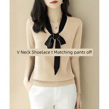 Свитер с V-образным вырезом и рукавом средней длины Весна и Осень Свободный Тонкий Банты Apricot color XL