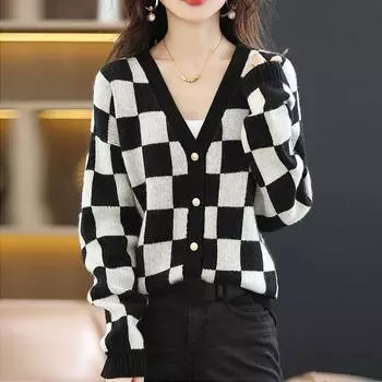 Свитер с v-образным вырезом, клетчатый кардиган, женский 2023, осенне-зимний повседневный свободный свитер с длинными рукавами, уникальный вязаный свитер, женский кардиган One Size зелёный