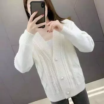 Свитер с v-образным вырезом, вязаный кардиган с жареным тестом, женский 2023, весенне-осеннее однотонное пальто, свободный универсальный вязаный свитер