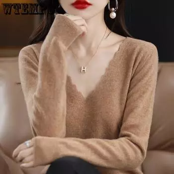 Свитер с V-образным вырезом, женский свободный пуловер с длинными рукавами, кружевной вязаный свитер, повседневная однотонная корейская базовая рубашка, модный свитер на осень и зиму S белый