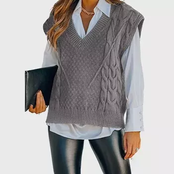 Свитер с V-образным вырезом, жилет без рукавов, джемпер из жареного теста, однотонный женский вязаный жилет, ретро-жаккардовый дизайн, осень и зима S белый