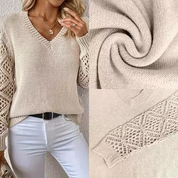 Свитер с вырезом в виде аргайла, повседневный свитер с длинным рукавом и V-образным вырезом, женская одежда 3XL абрикосовый