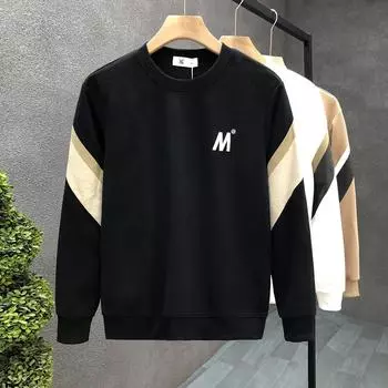 Свитер с вышивкой букв, осенний повседневный, сращивание цветов, круглый вырез, свободный тренд, простые топы с длинными рукавами для мужчин, большие размеры XXXL белый