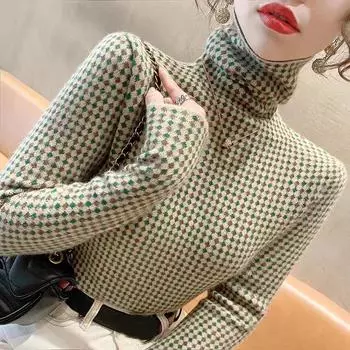 Свитер с высоким воротником, женский пуловер, повседневный свитер, осенне-зимний свитер, модный клетчатый популярный женский свитер с длинным рукавом One Size зелёный