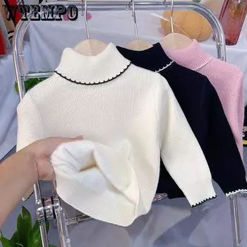 Свитер с высоким воротом для девочек с интегрированным бархатным детским пуловером для осени и зимы, стильная детская одежда с дополнительной бархатной базовой рубашкой 80 чёрный