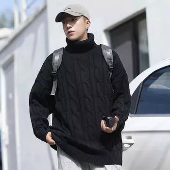 Свитер с высоким воротом, мужской осенне-зимний утолщенный свободный однотонный вязаный пуловер M белый