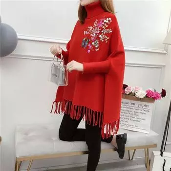 Свитер с высоким воротом, пуловер, женский средней длины, шаль с кисточками, свободная летучая мышь, осень-зима, вязаный плащ, пуловер, свитер, женское пальто One Size чёрный