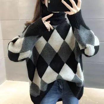 Свитер с высоким воротом, утолщенный и свободный крой для верхней одежды, корейская версия, воротник с ромбовидным ворсом, популярный пуловер S светло-серый